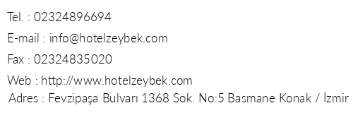 Zeybek Hotel zmir telefon numaralar, faks, e-mail, posta adresi ve iletiim bilgileri